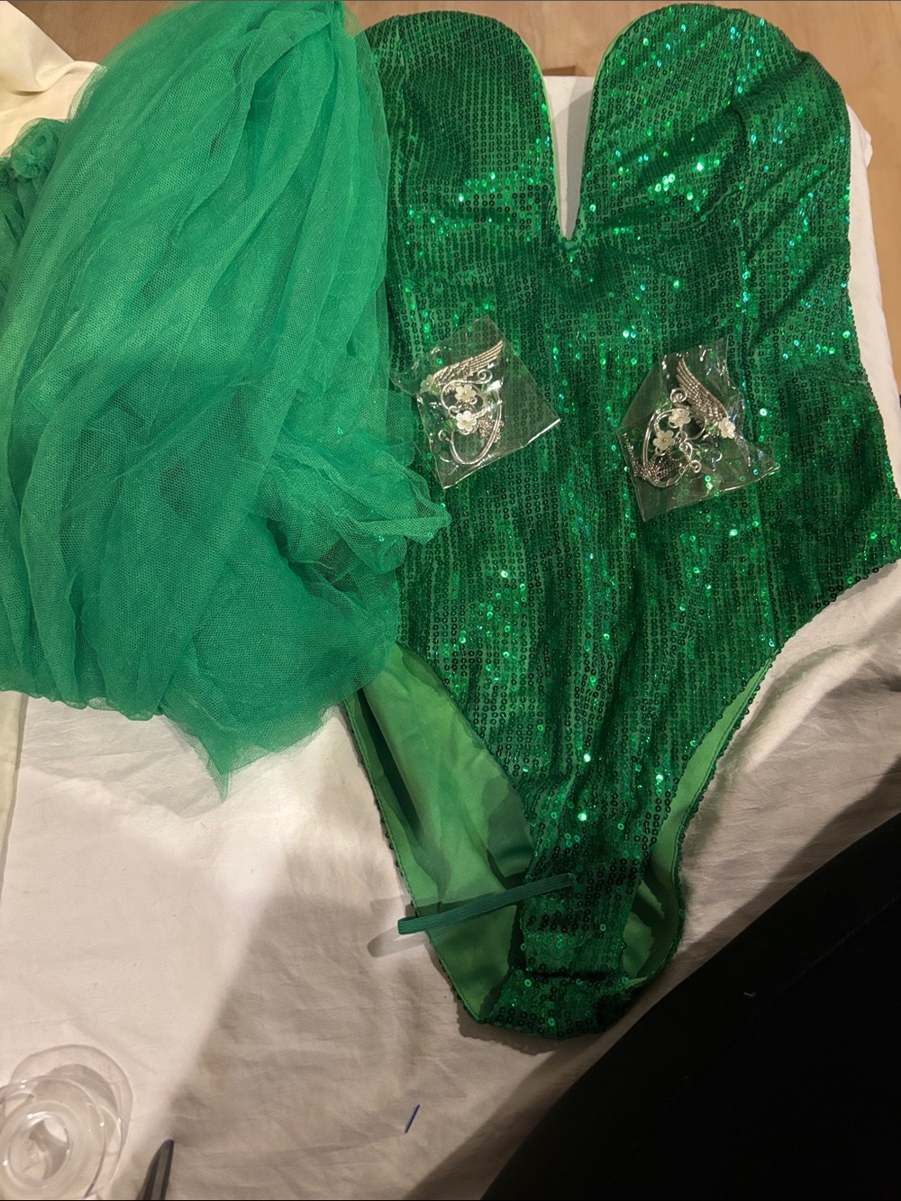 Green Sequin pioneer poison ivy bodysuit Costume with cover and ear jewelry.